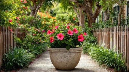 Hibiscus fence with giant planter concept. A vibrant garden pathway adorned with blooming flowers in pots.