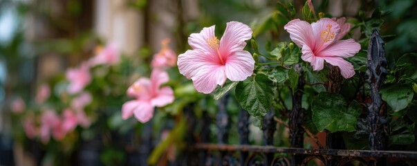 Naklejka premium Hibiscus fence with giant planter concept. Beautiful pink hibiscus flowers blooming against a wrought iron fence.