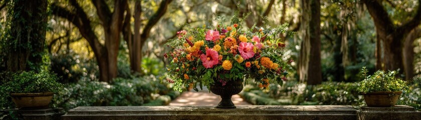 Hibiscus fence with giant planter concept. Vibrant flower arrangement enhances garden tranquility and beauty.
