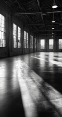 Interior of a large industrial space, black and white, sunlit shadows