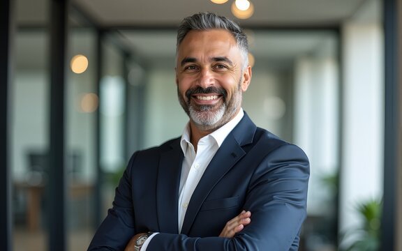 Handsome hispanic senior business man with crossed arms smiling at camera. Indian or latin confident mature good looking middle age leader male businessman on blur office background with copy space.