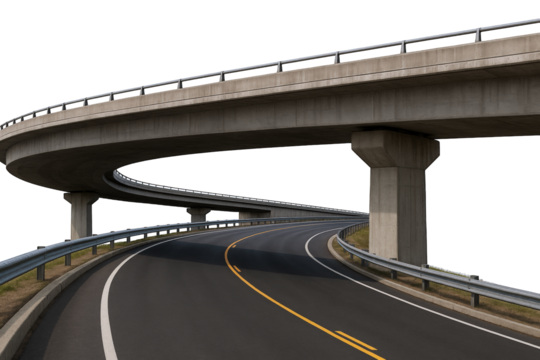 Curving Concrete Overpass and Asphalt Highway with Guardrails and Lane Markings on a Black Background
