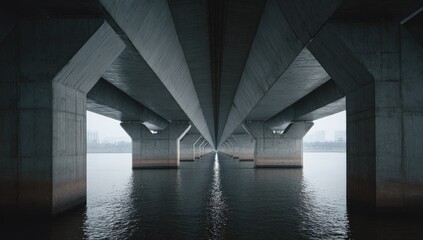 Beneath a concrete bridge over water.  Grey concrete pillars support a wide bridge spanning a calm body of water.  Symmetry and perspective emphasize the structure's vastness