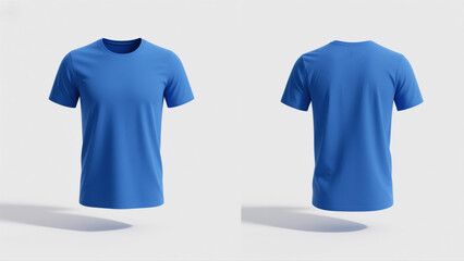 Blue crewneck short sleeve t-shirt mockups, front and back view, levitating on a light gray background.