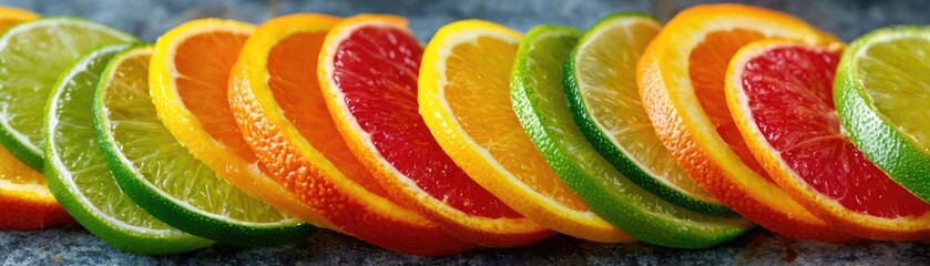 Citrus curve in fruit series concept. Colorful fruit slices arranged in a vibrant, fresh display.