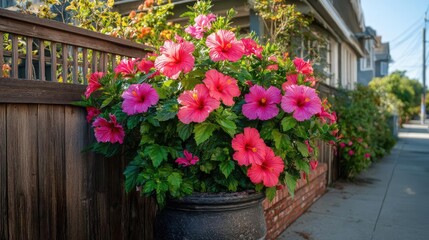 Hibiscus fence with giant planter concept. Vibrant hibiscus flowers in a decorative pot on a sunny day.