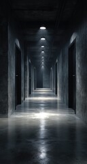 Fototapeta premium Dark, concrete corridor with numerous doors
