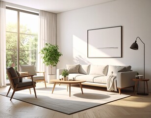 Fototapeta premium Modern living room interior with blank wall mock-up