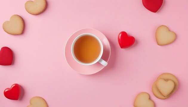Valentine's Day composition. close laptop, сup of tea and ginger cookie as heart on pastel background. Valentine day concept, flat lay design. Top view, created with generative ai