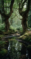 Obraz premium Lush forest creek. Sunlight filters through verdant canopy, illuminating a shallow stream reflecting the surrounding trees. 