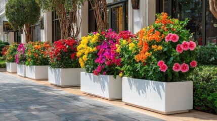 Hibiscus fence with giant planter concept. Vibrant flowers in modern planters enhancing urban landscape beauty.