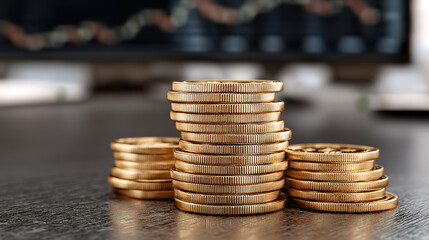 Gold coin piles near computer screen represent online investment and financial technology trends