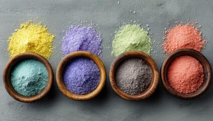 Colorful powdered spice or salt in small wooden bowls.  Piles of multicolored fine powder in various shades of yellow, purple, light green, grayish-blue, and pinkish-orange.  