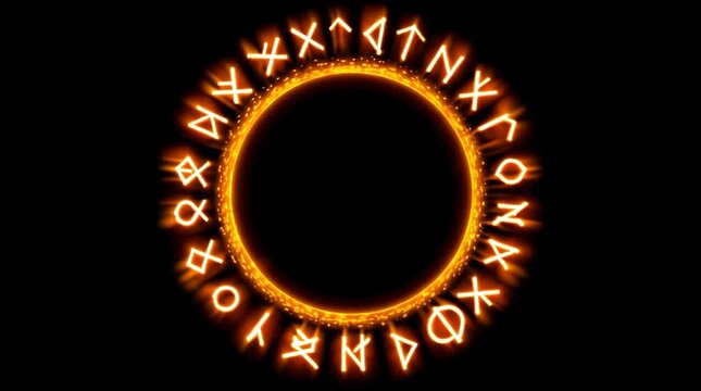 Glowing fiery ring with ancient mystical runes in circular pattern emitting warm magical energy and enchanting atmosphere on black background
