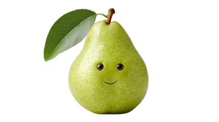 A single fresh green pear with a vibrant leaf placed playfully on its top creating a minimalist still life composition that celebrates natural and organic simplicity with a touch of whimsy.