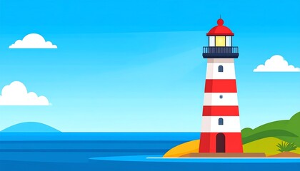 Colorful illustration of a lighthouse on a coastal scene.