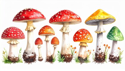 watercolor drawing set of poisonous mushrooms, hand drawn botanical illustration