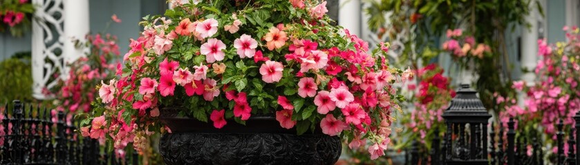 Fototapeta premium Hibiscus fence with giant planter concept. Vibrant floral display in a decorative planter, showcasing beauty.