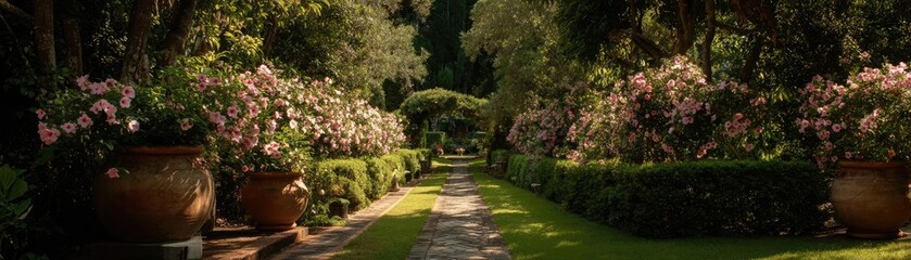 Obraz premium Hibiscus fence with giant planter concept. Lush garden path lined with flower pots and vibrant blooms.