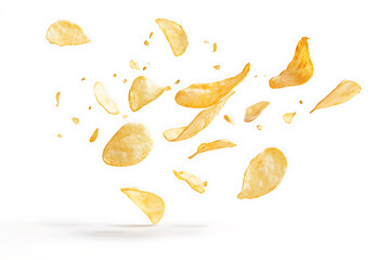 Crispy potato chips exploding in mid air against a white background