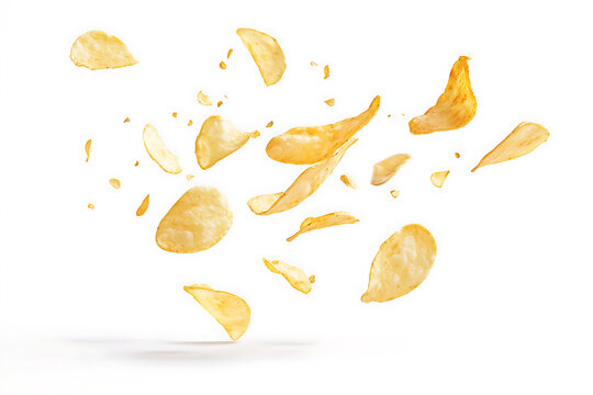 Crispy potato chips exploding in mid air against a white background