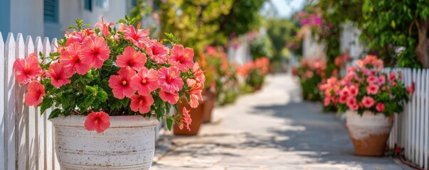Fototapeta premium Hibiscus fence with giant planter concept. Vibrant flowers line a picturesque walkway in a sunny garden.