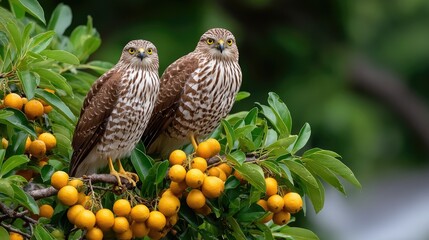 Two birds of prey on fruit tree branch