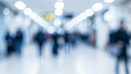 Blurred people walking through a bright indoor hallway filled with soft light, creating a lively yet gentle atmosphere that conveys movement and openness.