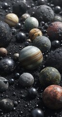 Many colorful, spherical objects rest on dark ground