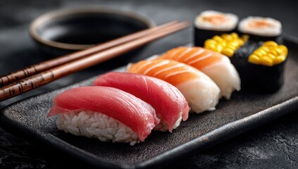 Sushi assortment on dark plate. Wooden chopsticks and small bowl visible