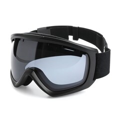 Black snow goggles with gray lenses and an adjustable strap