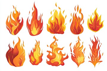 Twelve stylized fire icons.  Various flame shapes and intensities on white background.  Vibrant oranges and reds