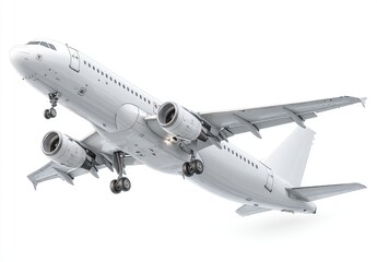 Fototapeta premium White jet airplane in flight against white background