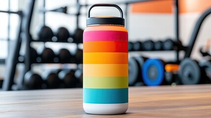 A vibrant, horizontally striped water bottle with a carrying handle sits on a wooden surface in a gym setting, with blurry weight racks in the background