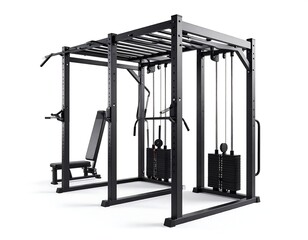 Black steel weightlifting rig with integrated cable machine and bench