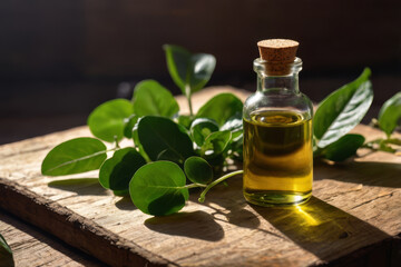 Fresh Brahmi Leaves and Brahmi Oil on Wooden Slab for Brain Health