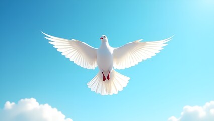 Single white dove ascending against a clear blue backdrop, capturing serenity and the universal symbol of harmony.