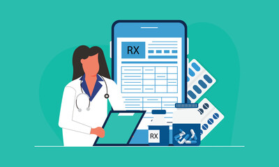 Rx medical prescription concept. The woman doctor sends the patient prescription to the smartphone