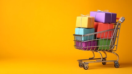 Ready for shopping spree with delightful colorful gifts in a shiny shopping cart on vibrant yellow background