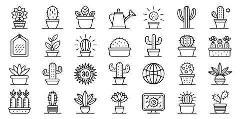 Collection of Cactus and Plant Icons in Simple Line Art Style for Decoration and Design Projects with Diverse Types and Shapes