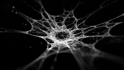 Intricate network of interconnected filaments, radiating from a central point.  Light gray lines and specks create a spiderweb-like structure against a black background.