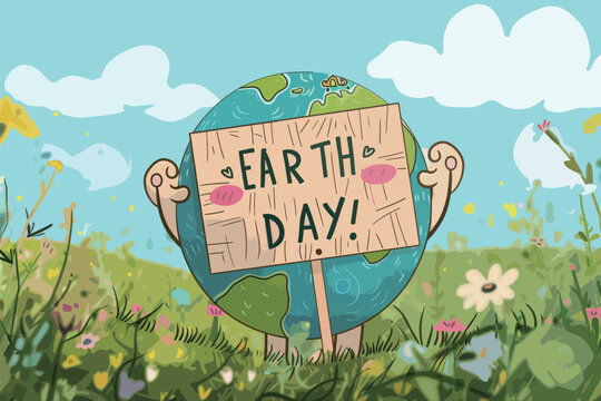 A cartoonish drawing of a globe with a sign that says Earth Day. The image is set in a field of flowers, with a bright blue sky in the background. Scene is cheerful and positive