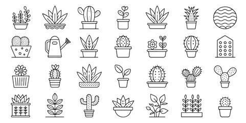 Collection of minimalist line art plant icons featuring diverse cacti succulents and greenery potted and ready for your gardening or botanical themed designs