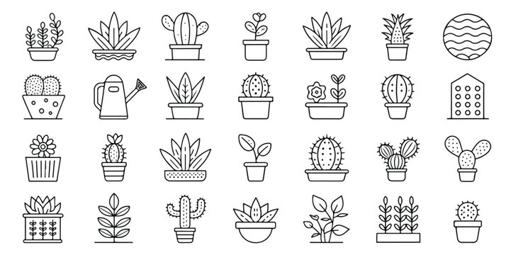 Collection of minimalist line art plant icons featuring diverse cacti succulents and greenery potted and ready for your gardening or botanical themed designs