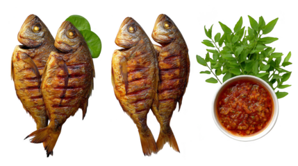 A beautifully presented culinary creation featuring three expertly prepared fish generously drizzled with a savory sauce accompanied by a separate bowl for extra dipping.