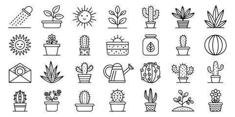 Collection of Line Art Plant Icons for Gardening and Botanical Designs Representing Growth and Sustainability in a Minimalist Style