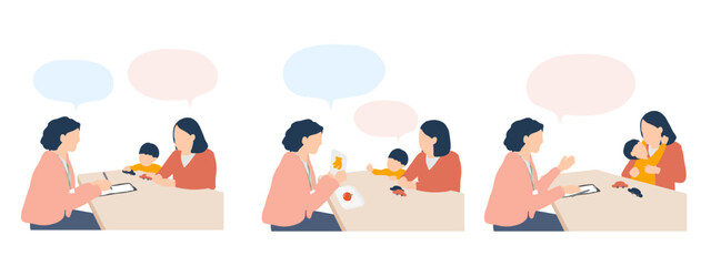 児童発達支援センターでの面談と相談のイラストセット（男の子）