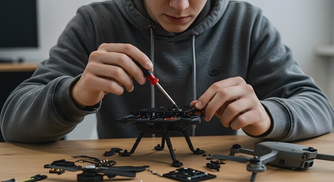 A focused young person meticulously assembling a custom drone with a screwdriver on a wooden table