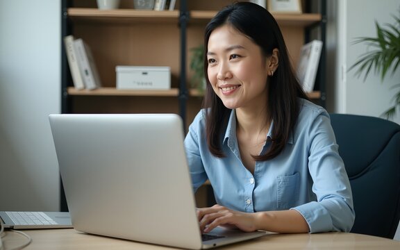 30s middle-aged woman using computer technology for financial bank work online. Mature Asian professional it specialist businesswoman working on laptop pc sitting at desk in office. Portrait at camera