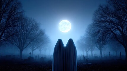 Fototapeta premium Ghost hug beyond the embrace concept. Eerie figures in a moonlit graveyard shrouded in mist.